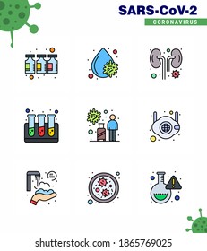Coronavirus Awareness icon 9 Filled Line Flat Color icons. icon included transmission; infection; disease; test tubes; blood viral coronavirus 2019-nov disease Vector Design Elements