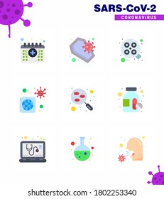 Coronavirus Awareness Symbol 9 Flache Farbsymbole. mit eingeschlossenem Blut; Virus, Schädel; Bakterien; Viruscoronavirus 2019-nov-Krankheit Vektor Design Elements