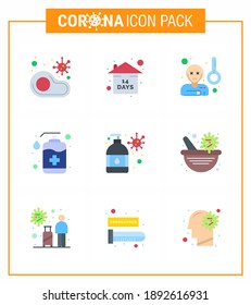Coronavirus Awareness icon 9 Flat Color icons. icon included  soap; hand; quarantine; bottle; sick viral coronavirus 2019-nov disease Vector Design Elements