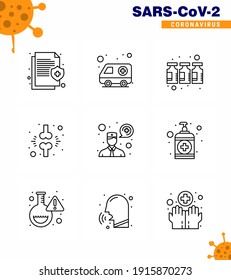 Coronavirus Awareness icon 9 Line icons. icon included  patient; fraction; transport; brake; vaccine viral coronavirus 2019-nov disease Vector Design Elements