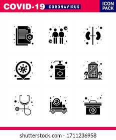 Coronavirus Awareness icon 9 Solid Glyph Black icons. icon included  hand; infection place; transmitters; covid; location viral coronavirus 2019-nov disease Vector Design Elements