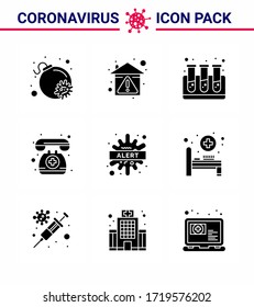 Coronavirus Awareness icon 9 Solid Glyph Black icons. icon included  bacteria; alert; blood; emergency; medical assistance viral coronavirus 2019-nov disease Vector Design Elements