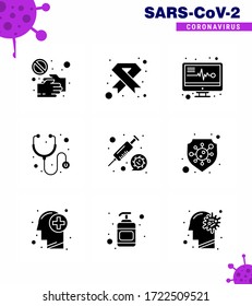 Icono de Concienciación del Coronavirus 9 Iconos Sólidos de Glifo Negro. icono incluido el estetoscopio; asistencia sanitaria; hiv; informes; coronavirus viral de electrónica médica Enfermedad de 2019-nov Elementos de diseño de vectores