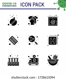 Coronavirus Awareness icon 9 Solid Glyph Black icons. icon included  research; blood; browser; medicine; medical viral coronavirus 2019-nov disease Vector Design Elements