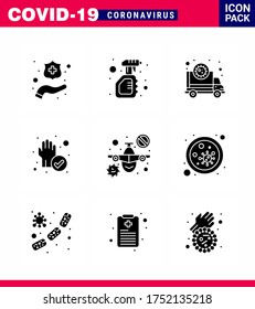 Coronavirus Awareness icon 9 Solid Glyph Black icons. icon included  plane; protection; ambulance; protect; virus viral coronavirus 2019-nov disease Vector Design Elements