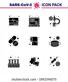 Coronavirus Awareness Symbol 9 Solid Glyph Black Icons. Symbol mit eingeschlossener Rolle; Pflege; Coronavirus; Tablette; Viruscoronavirus 2019-nov Krankheit Vektor Design Elements