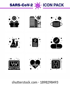 Coronavirus Awareness icon 9 Solid Glyph Black icons. icon included  laboratory; flask; safety; chemistry; medical viral coronavirus 2019-nov disease Vector Design Elements
