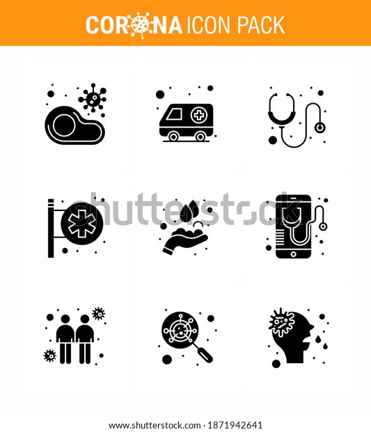 Coronavirus Awareness icon 9 Solid Glyph Black\
icons. icon included  pharmacy; hospital signboard; hospital;\
hospital sign; medical viral coronavirus 2019-nov disease Vector\
Design Elements