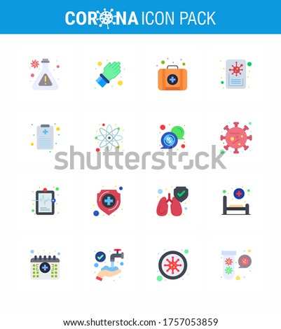 Coronavirus awareness icons. 16 Flat Color icon Corona Virus Flu Related such as laboratory; report; kit; patient chart; virus viral coronavirus 2019-nov disease Vector Design Elements