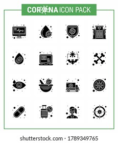 Symbole zur Sensibilisierung für das Koronavirus. 16 Solid Glyph Black Icon Corona Virus Grippe verwandt wie medizinische; abfallen; Bakterien; Blut; klinisches virales Coronavirus 2019-nov Krankheit Vectordesign Elements