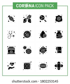 Coronavirus awareness icons. 16 Solid Glyph Black icon Corona Virus Flu Related such as diagnosis; shield; blood; safeguard; test viral coronavirus 2019-nov disease Vector Design Elements