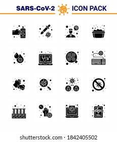 Symbole zur Sensibilisierung für das Koronavirus. 16 Solid Glyph Black Symbol Corona Virus Grippe verwandt wie Dengue; Blut; einen Arzt fragen; Seifenwasser; Hand waschend virales Coronavirus 2019-nov Krankheit Vektor Design Elements