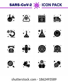 Symbole zur Sensibilisierung für das Koronavirus. 16 Solid Glyph Black Symbol Corona Virus Grippe verwandt wie Labor; Verkehr; Virus, Krankenhaus; virales Koronavirus 2019-nov-Krankheitserreger für Krankenwagen Vector Design Elements