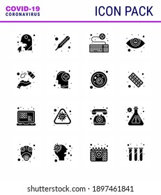 Iconos de conciencia del coronavirus. 16 Sólido Glifo Negro Icono Corona Virus Gripe Relacionado como limpio; oftalmología; adjuntar; visión; coronavirus viral survice 2019-nov Elementos de diseño de vectores