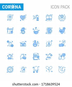 Coronavirus awareness icons. 25 Blue icon Corona Virus Flu Related such as shield; medical; injection; secure; hand viral coronavirus 2019-nov disease Vector Design Elements