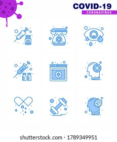 Coronavirus awareness icons. 9 Blue icon Corona Virus Flu Related such as online; medicine; conjunctivitis; virus vaccine; flu viral coronavirus 2019-nov disease Vector Design Elements