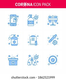 Coronavirus awareness icons. 9 Blue icon Corona Virus Flu Related such as wash; handcare; test; hand; tubes viral coronavirus 2019-nov disease Vector Design Elements