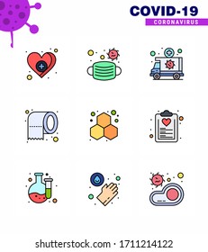 Coronavirus awareness icons. 9 Filled Line Flat Color icon Corona Virus Flu Related such as chemistry; tissue; ambulance; paper; vehicle viral coronavirus 2019-nov disease Vector Design Elements