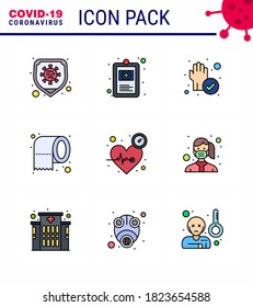 Coronavirus awareness icons. 9 Filled Line Flat Color icon Corona Virus Flu Related such as heart; safety; hand; tissue; cleaning viral coronavirus 2019-nov disease Vector Design Elements