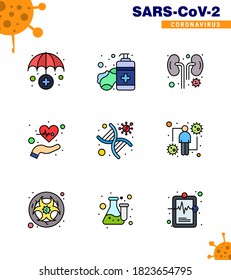 Coronavirus awareness icons. 9 Filled Line Flat Color icon Corona Virus Flu Related such as genetics; pulses; infected; life; care viral coronavirus 2019-nov disease Vector Design Elements