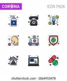 Coronavirus awareness icons. 9 Filled Line Flat Color icon Corona Virus Flu Related such as illness; covid; emergency; cough; intect viral coronavirus 2019-nov disease Vector Design Elements