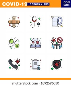 Coronavirus awareness icons. 9 Filled Line Flat Color icon Corona Virus Flu Related such as loupe; education; tissue; viruses; microbe viral coronavirus 2019-nov disease Vector Design Elements
