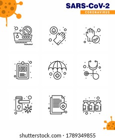 Coronavirus awareness icons. 9 Line icon Corona Virus Flu Related such as  medical; insurance; protect; illness; health viral coronavirus 2019-nov disease Vector Design Elements