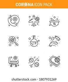 Coronavirus awareness icons. 9 Line icon Corona Virus Flu Related such as  test; scan; bowl; germs; bacteria viral coronavirus 2019-nov disease Vector Design Elements