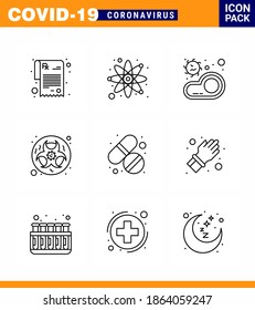 Coronavirus awareness icons. 9 Line icon Corona Virus Flu Related such as  medicine; science; food; lab; bio viral coronavirus 2019-nov disease Vector Design Elements