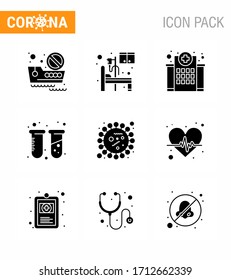 Coronavirus awareness icons. 9 Solid Glyph Black icon Corona Virus Flu Related such as  bacteria; tubes; building; test; nursing viral coronavirus 2019-nov disease Vector Design Elements