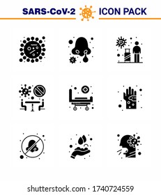 Coronavirus awareness icons. 9 Solid Glyph Black icon Corona Virus Flu Related such as  team; conference; nose infection; banned; travel viral coronavirus 2019-nov disease Vector Design Elements