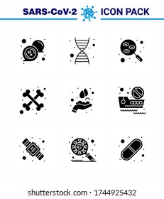 Symbole zur Sensibilisierung für das Koronavirus. 9 Solid Glyph Black Icon Corona Virus Flu verwandt, wie z. B. medizinisch Pflege der Hände; Labor; Skelett; Knochen virales Coronavirus 2019-nov Krankheit Vector Design Elements