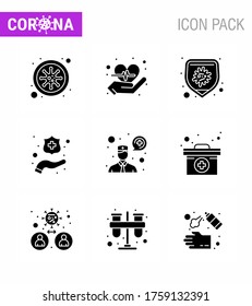 Iconos de conciencia del coronavirus. 9 Glifo Sólido Icono negro Corona Virus Gripe Relacionado, por ejemplo, caso; consulta; bacterias; pedir a un médico; Enfermedad de coronavirus viral manos 2019-nov Elementos de diseño de vectores