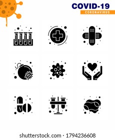Coronavirus awareness icons. 9 Solid Glyph Black icon Corona Virus Flu Related such as  virus; particle; aid; infection; bomb viral coronavirus 2019-nov disease Vector Design Elements