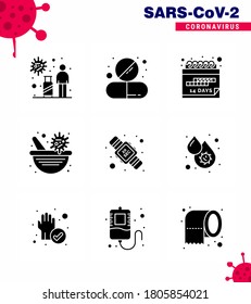 Symbole zur Sensibilisierung für das Koronavirus. 9 Solid Glyph Black Symbol Corona Virus Grippe verwandt, wie Virusimpfstoff; Apotheke; Pille; Medizin; Viruscoronavirus-2019-nov-Quarantäne Vectordesign Elements