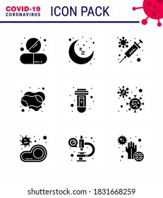Iconos de conciencia del coronavirus. 9 Glifo Sólido Icono negro Grifo Corona Virus Gripe Relacionado como la sangre; jabón; tiempo de descanso; mano; virus de la coronavirus viral 2019-nov Enfermedad Vector Elementos de diseño