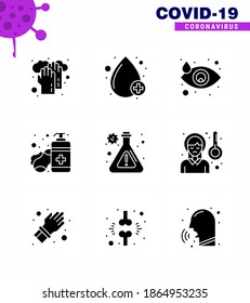 Iconos de conciencia del coronavirus. Icono negro de glifo sólido Grifo Gripe de corona Virus Relacionados como laboratorio; cuidado de las manos; llorando; sanitizador; coronavirus viral de jabón 2019-nov Enfermedad Vector Elementos de diseño