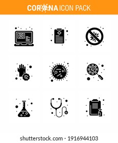 Coronavirus awareness icons. 9 Solid Glyph Black icon Corona Virus Flu Related such as  corona; disease; protection; dirty; virus viral coronavirus 2019-nov disease Vector Design Elements