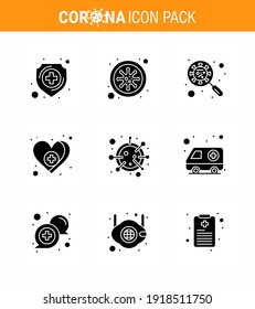 Iconos de conciencia del coronavirus. 9 Glifo Sólido Icono negro Grifo Corona Virus Gripe Relacionado como el cuidado; amor; virus de exploración; corazón; materiales de diseño de vectores para la enfermedad del coronavirus viral de aumento 2019-nov