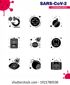 Iconos de conciencia del coronavirus. 9 Glifo Sólido Icono negro Corona Virus Gripe Relacionado como máscara; enfermedad; medicina; gráfico hospitalario; registro clínico de la enfermedad del coronavirus viral 2019-nov Diseño del vector 