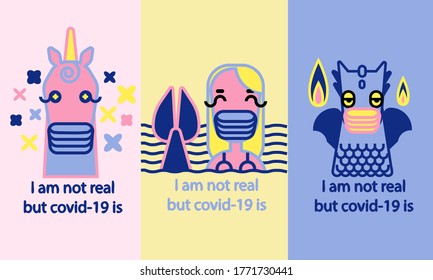 Coronavirus awareness informational poster templates set in pink, yellow and blue with thick strokes in modern cartoon style. Legendary creatures wearing face meducal masks while covid-19 outbreak.