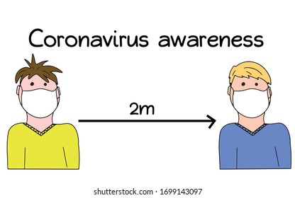 Coronavirus awareness. Keep safe distance betweeen pepole. Quarantine restrictions for prevention infectious disease. Vector illustration in cartoon doodle stye. Design for infographics, instructions