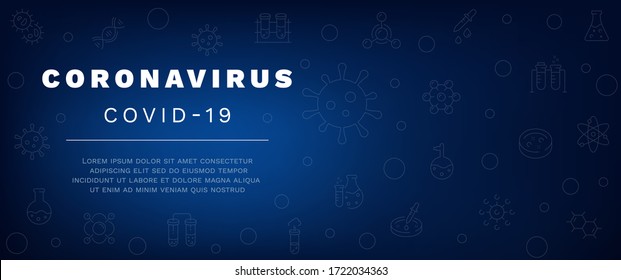 Coronavirus background. Abstract corona virus Covid-19 design global research concept, cells, test tubes, text for website. Vector banner, poster, header isolated illustration