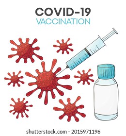 Coronavirus background. Covid-19 corona virus vaccination. 2019-ncov Covid-19 Coronavirus vaccine vials medicine bottles syringe vector drawing