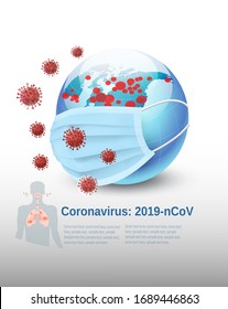 Coronavirus Background, COVID-19, Earth globe wearing protective Medical Surgical Face mask and virus moleculs. Vector illustration