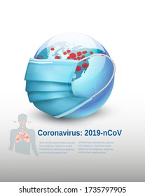 Coronavirus Background, COVID-19, Earth globe wearing protective Medical Surgical Face mask. Vector illustration