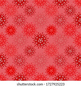 Coronavirus background with red bacteria and microbes covid-19. Seamless pattern. Vector illustration on pink background.