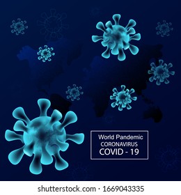 Coronavirus background with world map. World pandemic medical health risk concept with desease cells as a 3D render.