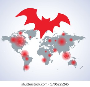 Coronavirus Bacteria Cell Icon, Bat icon. Stop Infection. Map shows where the virus has spread.