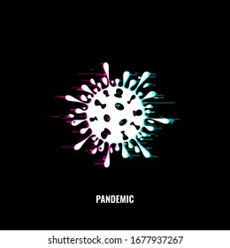 Coronavirus Bacteria Cell Icon isolated on black background. Glitch effect. Chinese coronavirus COVID-19 under the microscope. Vector illustration.